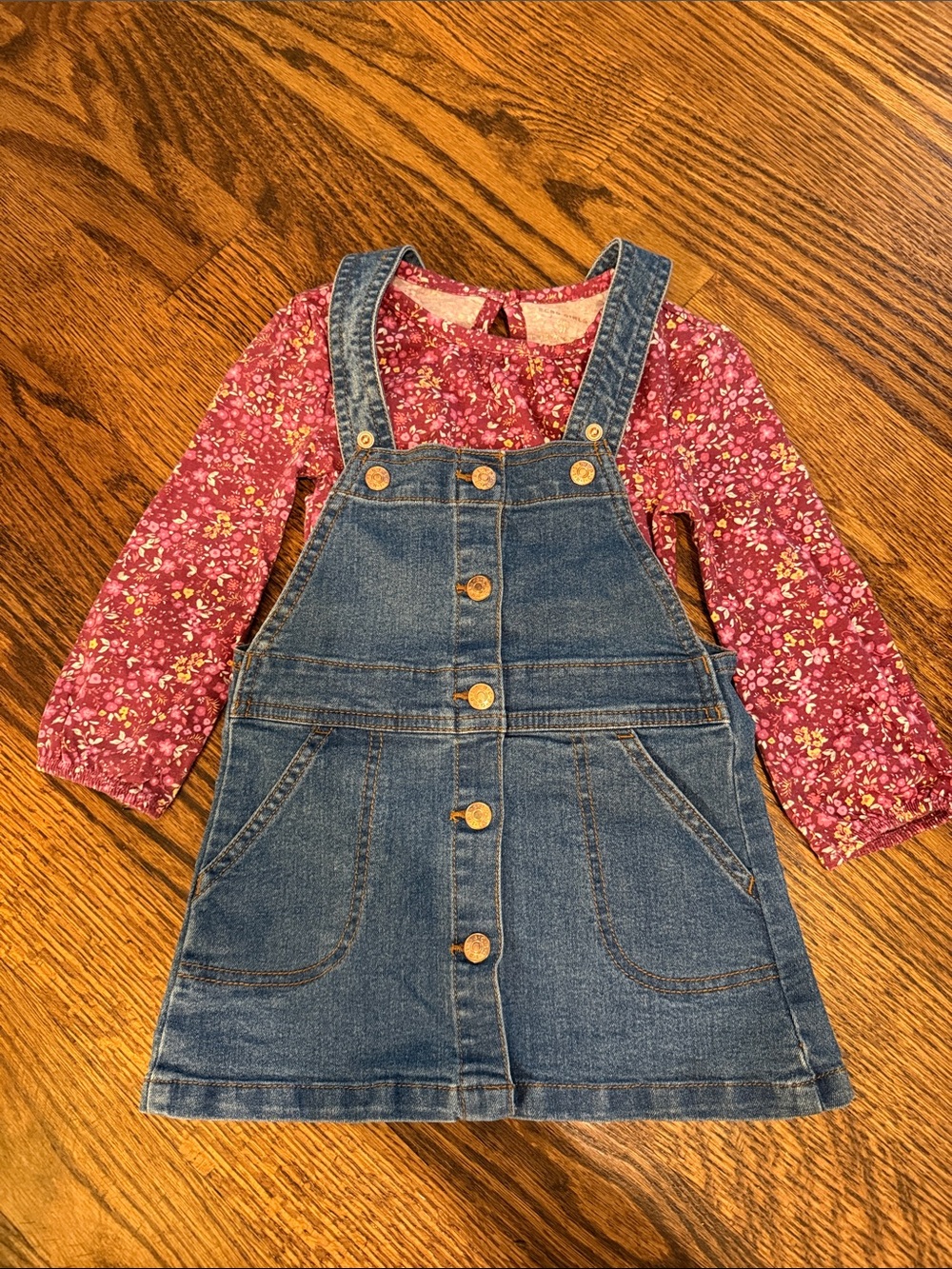 BCBG Girls Denim Button-Front Overall Dress with Pink Floral Top